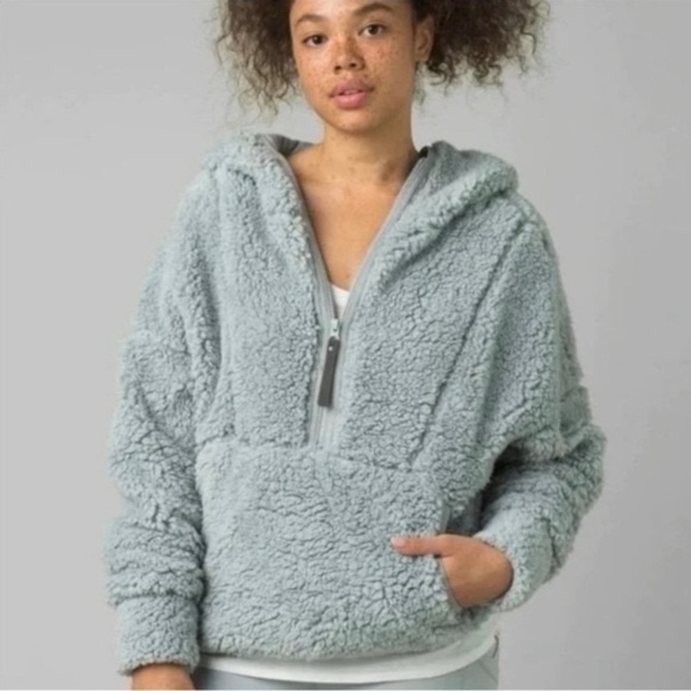 Prana Women's Large Sweatshirt Polar Escape Half Zip Blue Hooded Sherpa